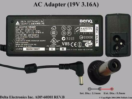 Delta Electronics ADP-60DH REV.B AC Adapter- Laptop 19V 3.16A, 5.5/1.7mm 3-Prong