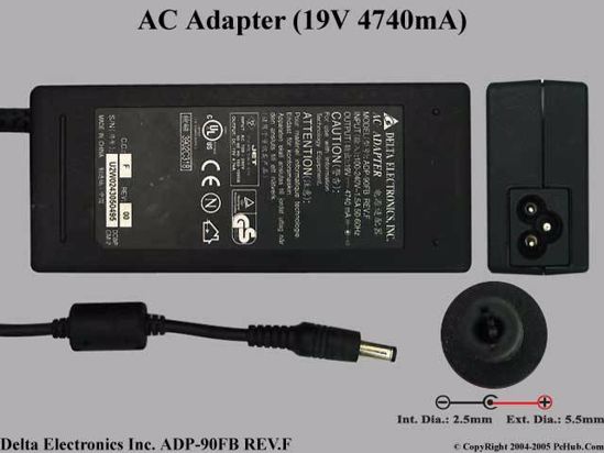 Delta Electronics ADP-90FB REV.F AC Adapter- Laptop 19V 4.74A, 5.5/2.5mm, 3-Prong