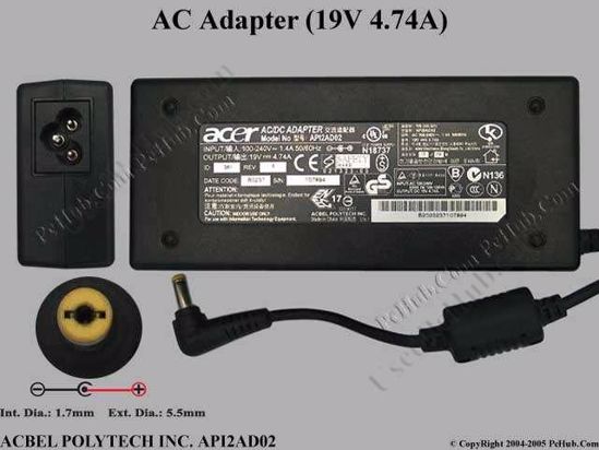 Acbel Polytech API2AD02 AC Adapter- Laptop 19V 4.74A, 5.5/1.7mm, 3-Prong