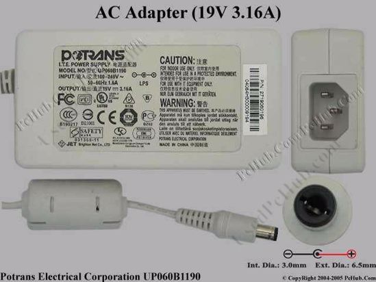 Potrans UP060B1190 AC Adapter- Laptop 19V 3.16A, 6.5/3.0mm, C14, White