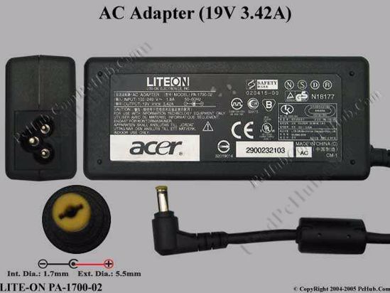 LITE-ON PA-1700-02 AC Adapter- Laptop 19V 3.42A, 5.5/1.7mm, 3-Prong