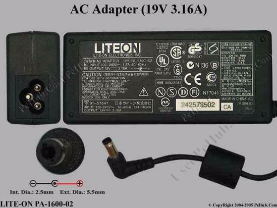 LITE-ON PA-1600-02 AC Adapter- Laptop 19V 3.16A, 5.5/2.5mm, 3-Prong