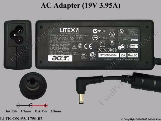 LITE-ON PA-1750-02 AC Adapter- Laptop 19V 3.95A, 5.5/1.7mm, 3-Prong