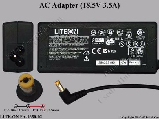 LITE-ON PA-1650-02 AC Adapter- Laptop 18.5V 3.5A, Tip Acer