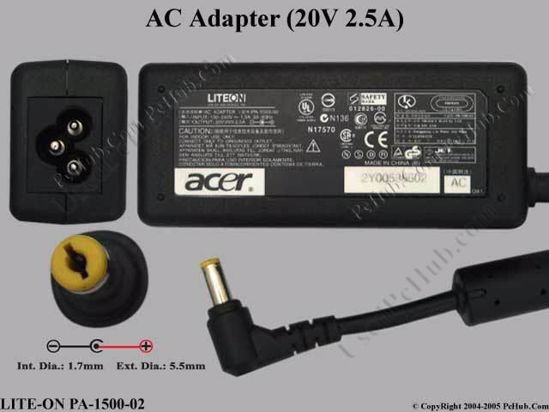 LITE-ON PA-1500-02 AC Adapter- Laptop 20V 2.5A, 5.5/1.7mm, 3-Prong