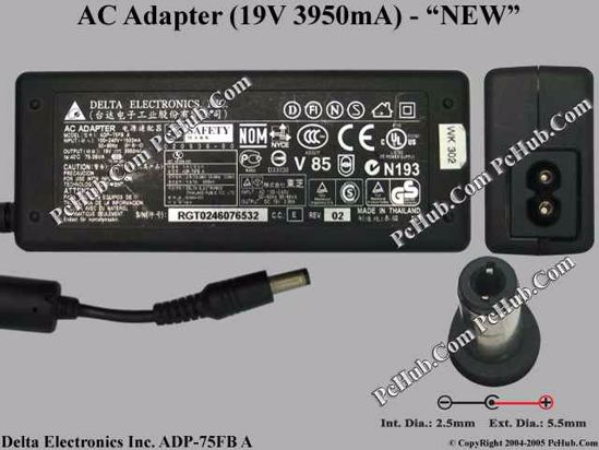 Delta Electronics ADP-75FB A AC Adapter- Laptop 19V 3.95A, 5.5/2.5mm, 2-Prong, New