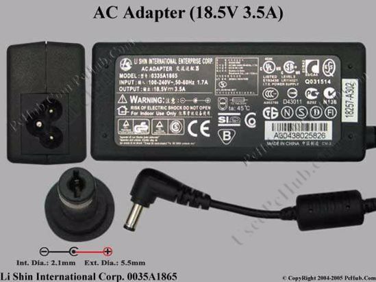 Li Shin 0335A1865 AC Adapter- Laptop 18.5V 3.5A, 5.5/2.1mm, 3-Prong