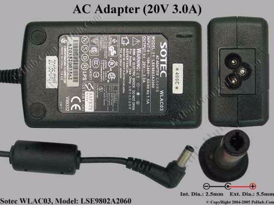 Sotec Common Item (Sotec) AC Adapter- Laptop 20V 3A, 5.5/2.5mm, 3-Prong, New