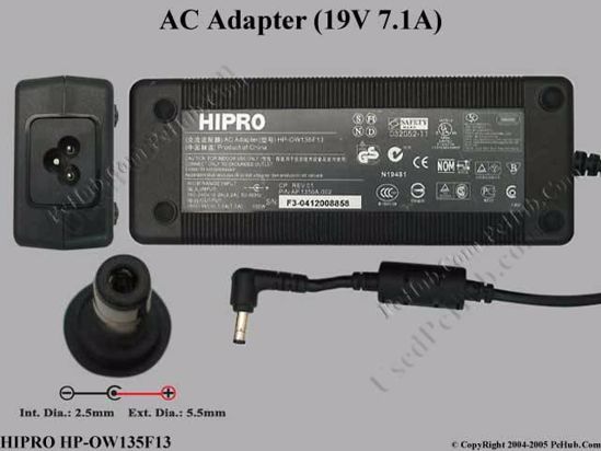 HIPRO HP-OW135F13 AC Adapter- Laptop 19V 7.1A, 5.5/2.5mm, 3-Prong