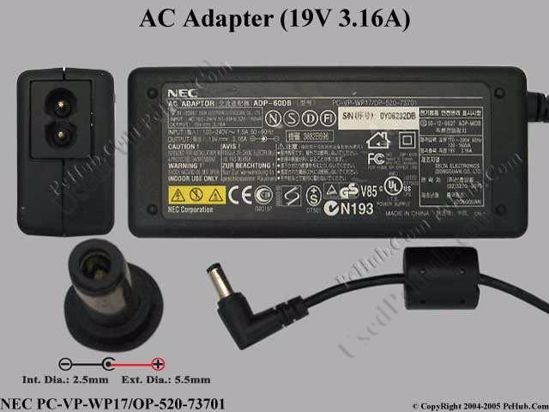 NEC Common Item (NEC) AC Adapter- Laptop 19V 3.16A, 5.5/2.5mm, 2-Prong