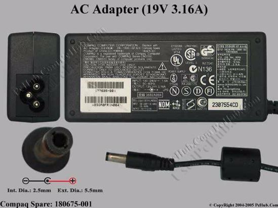 Compaq Common Item (Compaq) AC Adapter- Laptop 180675-001(PA-1600-02), 19V 3.16A, Tip C