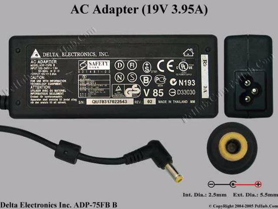 Delta Electronics ADP-75FB B AC Adapter- Laptop 19V 3.95A, 5.5/2.5mm, 3-Prong