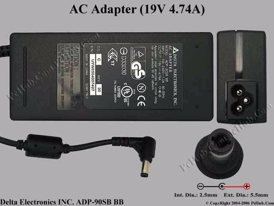 Delta Electronics ADP-90SB BB AC Adapter- Laptop 19V 4.74A, 5.5/2.5mm, 3-Prong, New