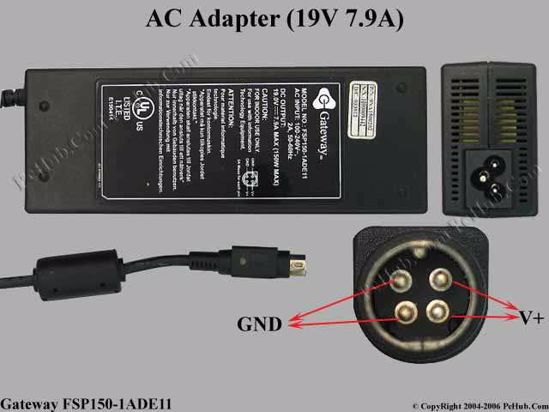 Gateway Common Item (Gateway) AC Adapter- Laptop 19V 7.9A, 4-Pin P1 2=V