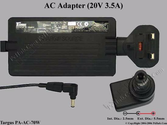 Targus PA-AC-70W AC Adapter- Laptop 20V 3.5A, 5.5/2.5mm, UK 3-Pin