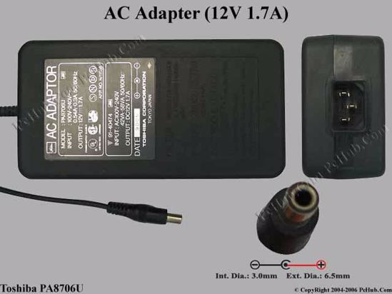 Toshiba Common Item (Toshiba) AC Adapter- Laptop PA8706U, 12V 1.7A, Tip D