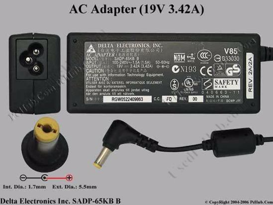 Delta Electronics SADP-65KB AC Adapter- Laptop 19V 3.42A, 5.5/1.7mm, 3-Prong