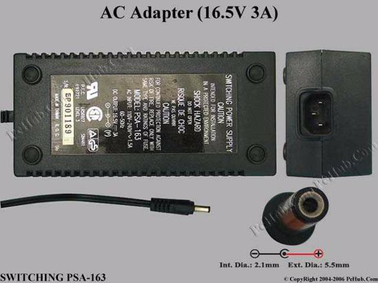 Other Brands SWITCHING PSA-163 AC Adapter- Laptop 16.5V 3A, 5.5/2.1mm, C14