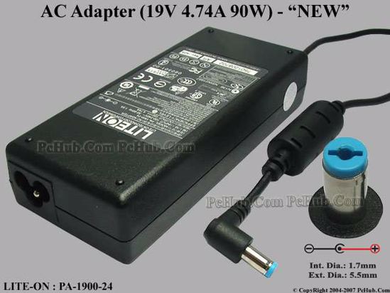 LITE-ON PA-1900-24 AC Adapter- Laptop 19V 4.74A, 5.5/1.7mm, 3-Prong, New