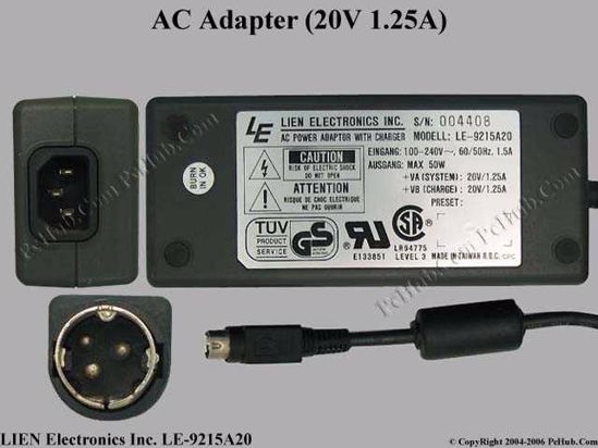 LIEN Electronics LE-9215A20 AC Adapter- Laptop 20V 1.25A, 3-pin DIN