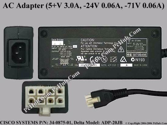 Cisco 34-0875-01 AC Adapter- Laptop 5V 3A, -24V 0.06A, -71V 0.06A, 8-Hole, C14