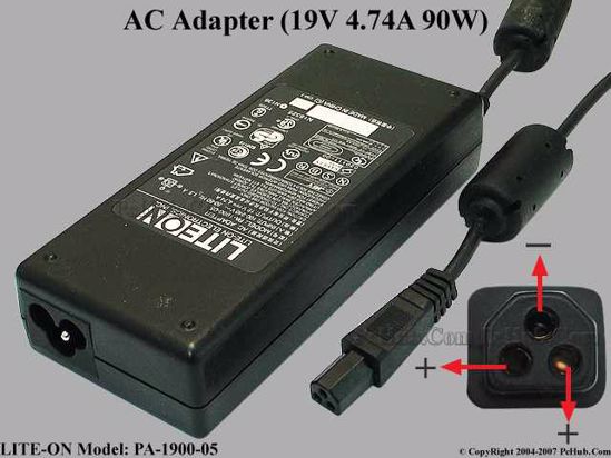 LITE-ON PA-1900-05 AC Adapter- Laptop 19V 4.74A, 3-Hole, 3-Prong, New