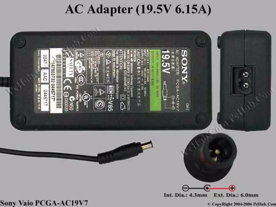 Sony Vaio Parts AC Adapter- Laptop 19.5V 6.15A, 6.0/4.4mm With Pin, 2-Prong