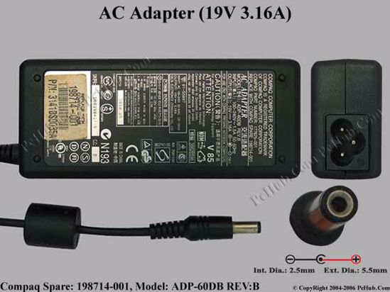 Compaq Presario Series AC Adapter- Laptop 198714-001(ADP-60DB REV:B), 19V 3.16A, Tip C