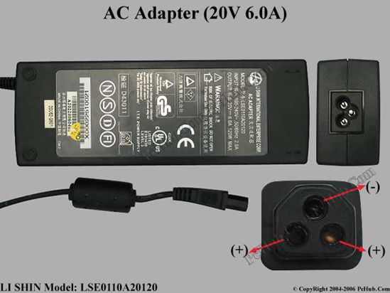 Li Shin LSE0110A20120 AC Adapter- Laptop 20V 6A, 3-Hole, 3-Prong