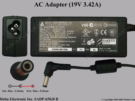 Delta Electronics SADP-65KB AC Adapter- Laptop 19V 3.42A, 5.5/2.5mm, 3-Prong