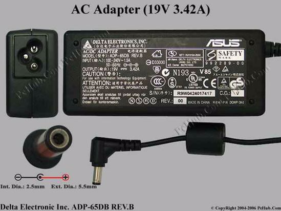 Delta Electronics ADP-65DB REV.B AC Adapter- Laptop 19V 3.42A, 5.5/2.5mm, 3-Prong