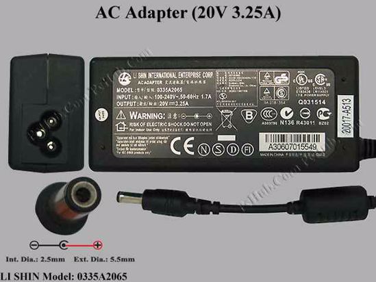 Li Shin 0335A2065 AC Adapter- Laptop 20V 3.25A, 5.5/2.5mm 12mm Length, 3-Prong, New