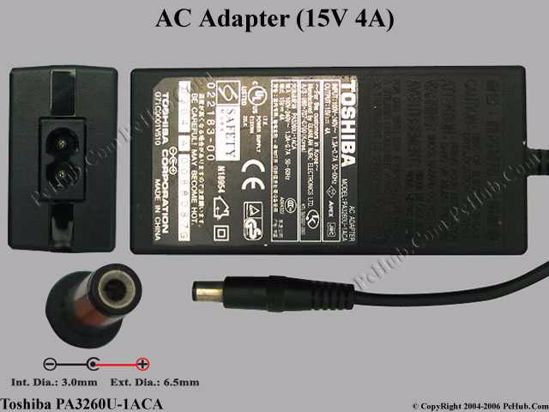 Toshiba Common Item (Toshiba) AC Adapter- Laptop PA3260U-1ACA, 15V 4A, Tip D