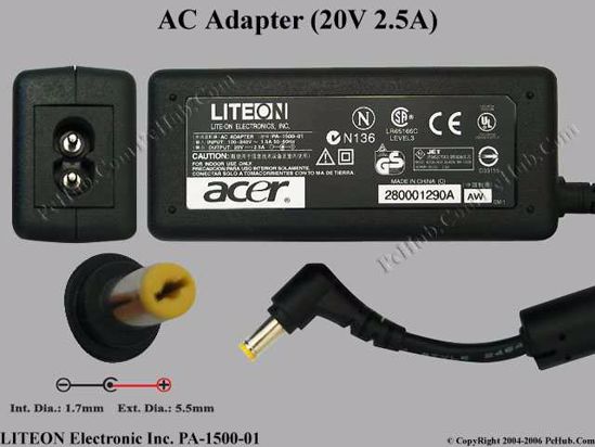 LITE-ON PA-1500-01 AC Adapter- Laptop 20V 2.5A, 5.5/1.7mm, 2-Prong