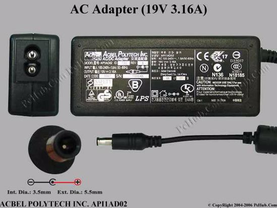 Acbel Polytech API1AD02 AC Adapter- Laptop 19V 3.16A, 5.5/3.4mm With Pin, 2-Prong