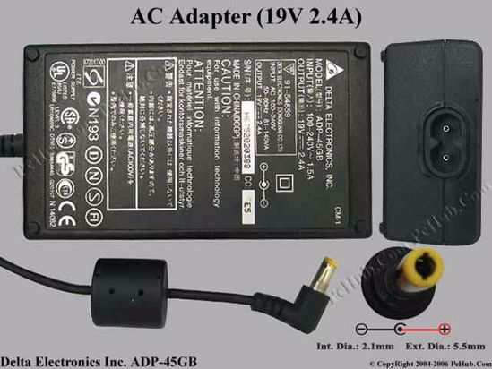 Delta Electronics ADP-45GB AC Adapter- Laptop 19V 2.4A, 5.5/2.1mm, 2-Prong