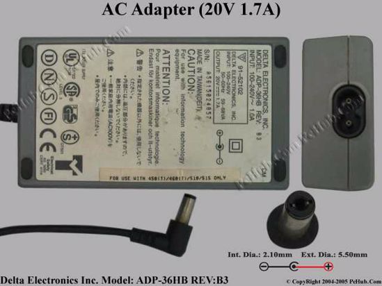 Delta Electronics ADP-36HB REV:B3 AC Adapter- Laptop 20V 1.7A, Tip B