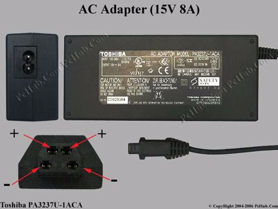 Toshiba Common Item (Toshiba) AC Adapter- Laptop 15V 8A, 4 Hole, 2-Prong