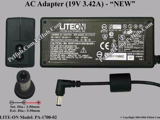 LITE-ON PA-1700-02 AC Adapter- Laptop 19V 3.42A, 5.5/2.5mm, 2-Prong, New