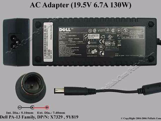 Dell Common Item (Dell) AC Adapter- Laptop 19.5V 6.7A, 7.4/5.0mm With Pin, 3-Prong