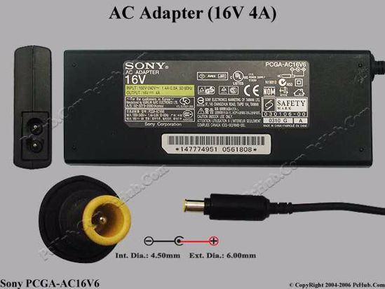 Sony Vaio Parts AC Adapter- Laptop PCGA-AC16V6, 16V 4A, Tip E