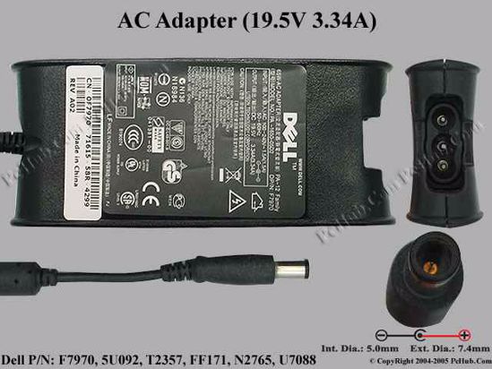 Dell Common Item (Dell) AC Adapter- Laptop 19.5V 3.34A, 7.4/5.0mm With Pin, 3-Prong Flat