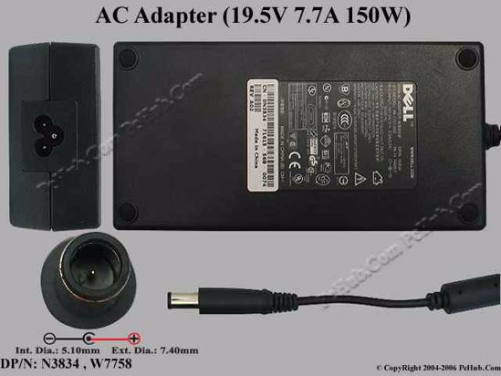 Dell Common Item (Dell) AC Adapter- Laptop 19.5V 7.7A, 7.4/5.0mm With Pin, 3-Prong