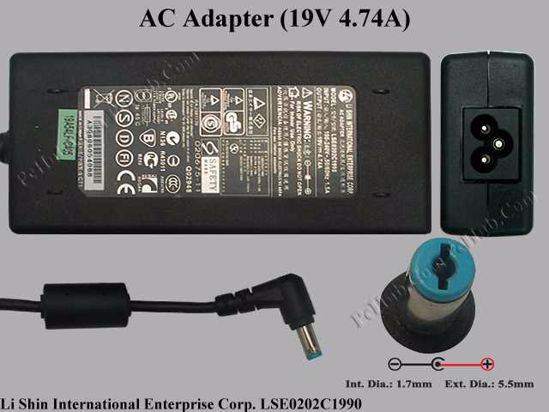 Li Shin LSE0202C1990 AC Adapter- Laptop 19V 4.74A, 5.5/1.7mm, 3-Prong