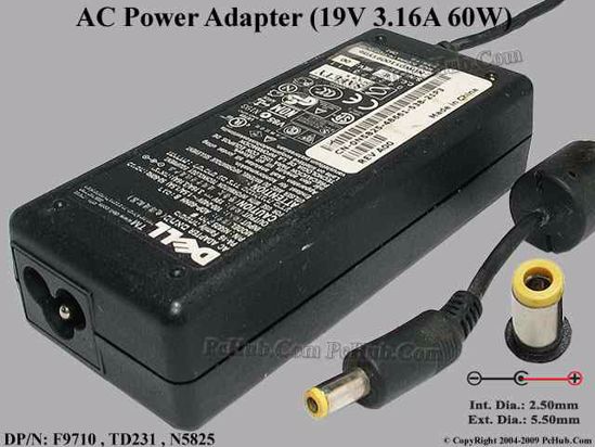 Dell Common Item (Dell) AC Adapter- Laptop 19V 3.16A, 5.5/2.5mm, 3-Prong