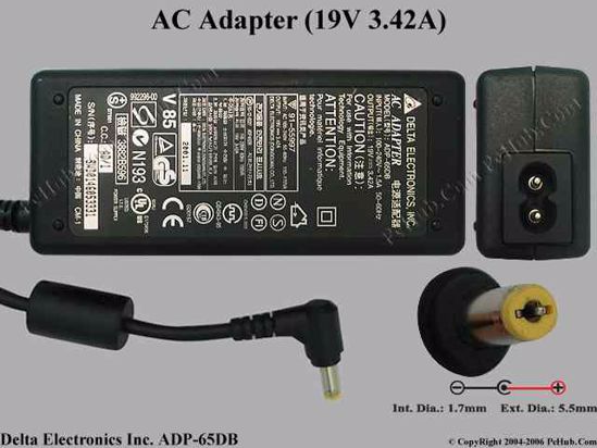 Delta Electronics ADP-65DB AC Adapter- Laptop 19V 3.42A, 5.5/1.7mm, 2-Prong