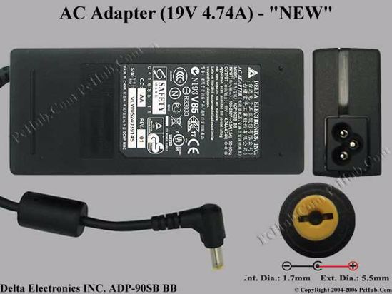 Delta Electronics ADP-90SB BB AC Adapter- Laptop 19V 4.74A, 5.5/1.7mm, 3-Prong, New