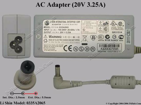 Li Shin 0335A2065 AC Adapter- Laptop 20V 3.25A, 5.5/2.5mm, 2-Prong, White