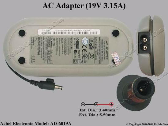 Acbel Polytech AD-6019A AC Adapter- Laptop 19V 3.15A