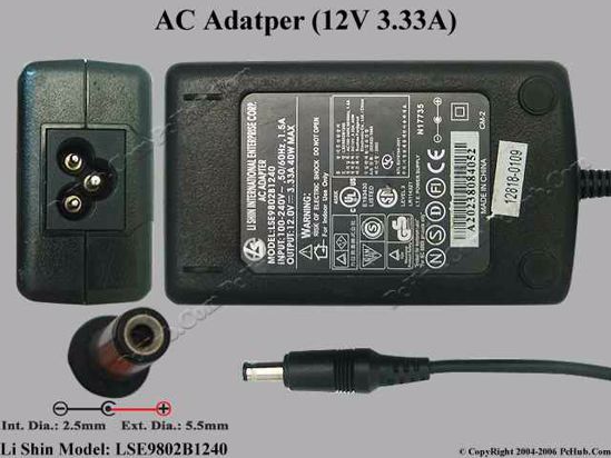 Li Shin LSE9802B1240 AC Adapter- Laptop 12V 3.33A, 5.5/2.5mm, 3-Prong